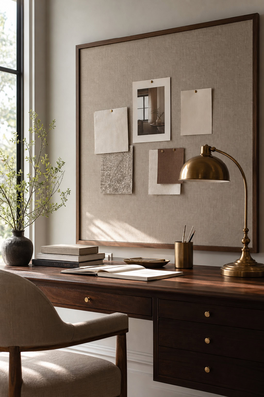 Linen pinboard adding vertical texture above an elegant desk