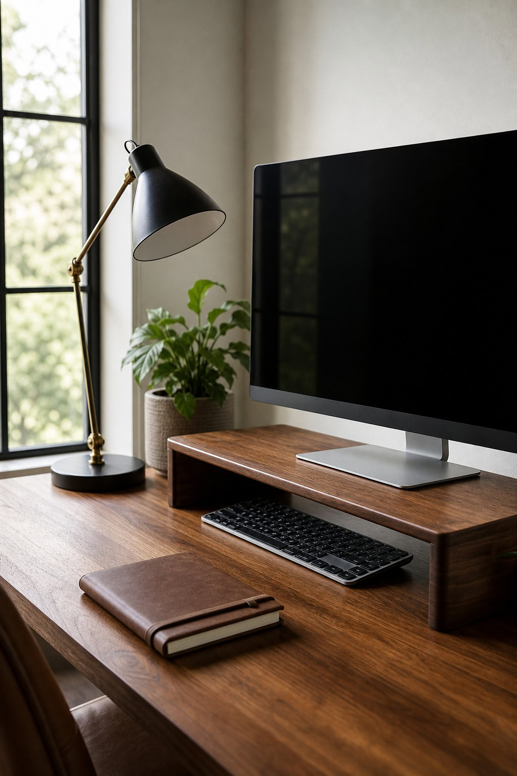 Wood monitor stand lifting a screen on a refined desk