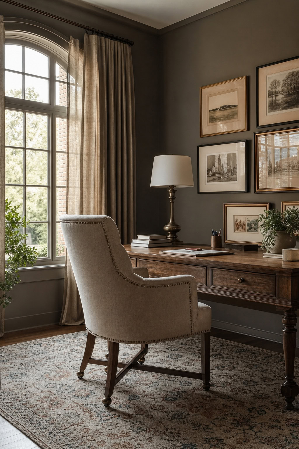 Residential-style upholstered desk chair in a warm home office