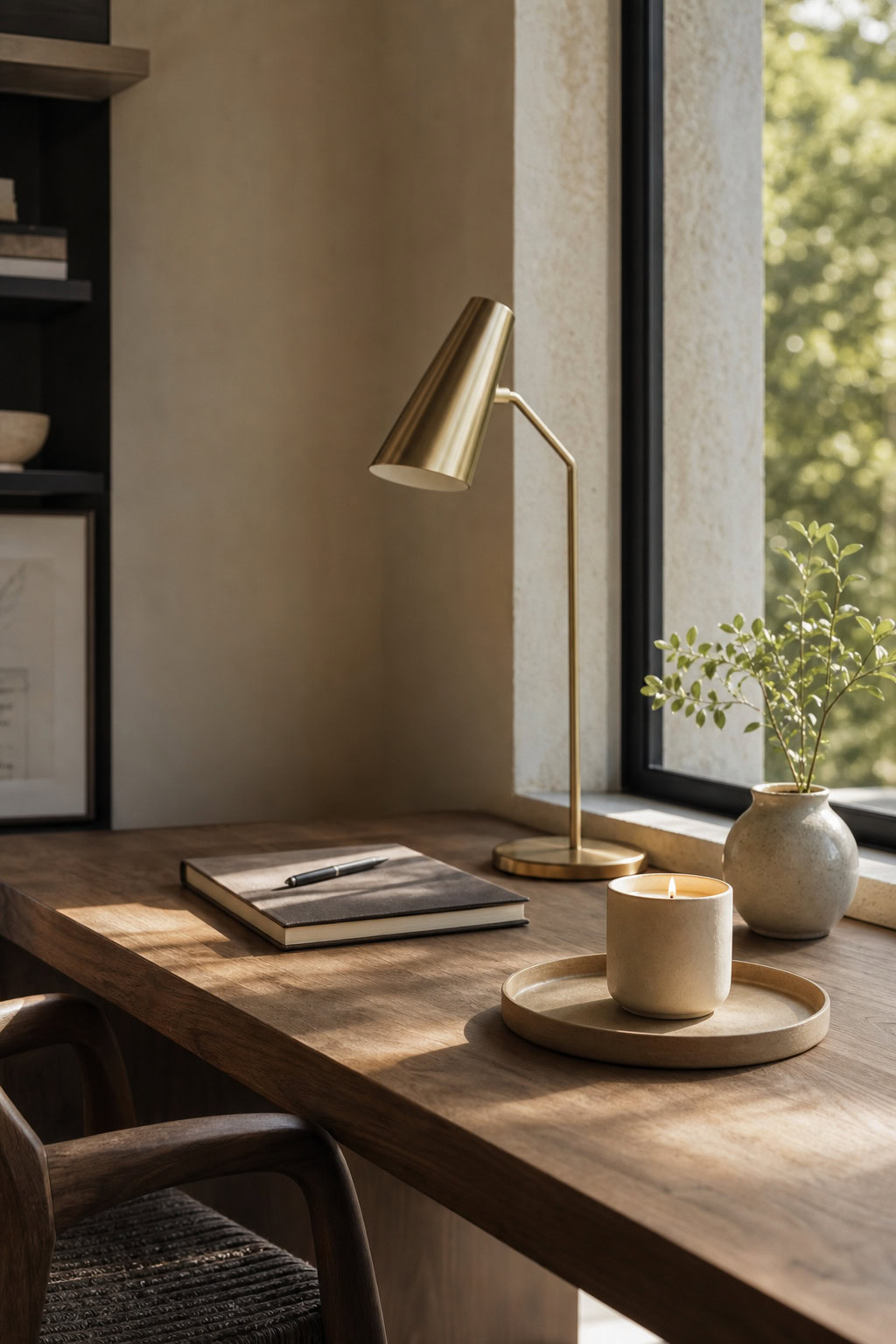 Simple candle on a tray adding atmosphere to a tidy desk