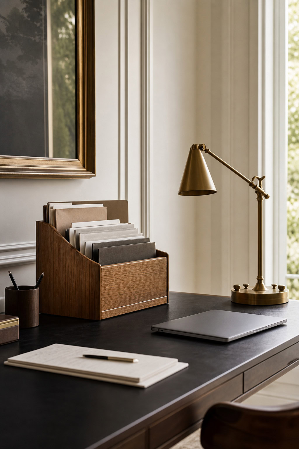Oak desktop file holder organizing active papers on a polished desk