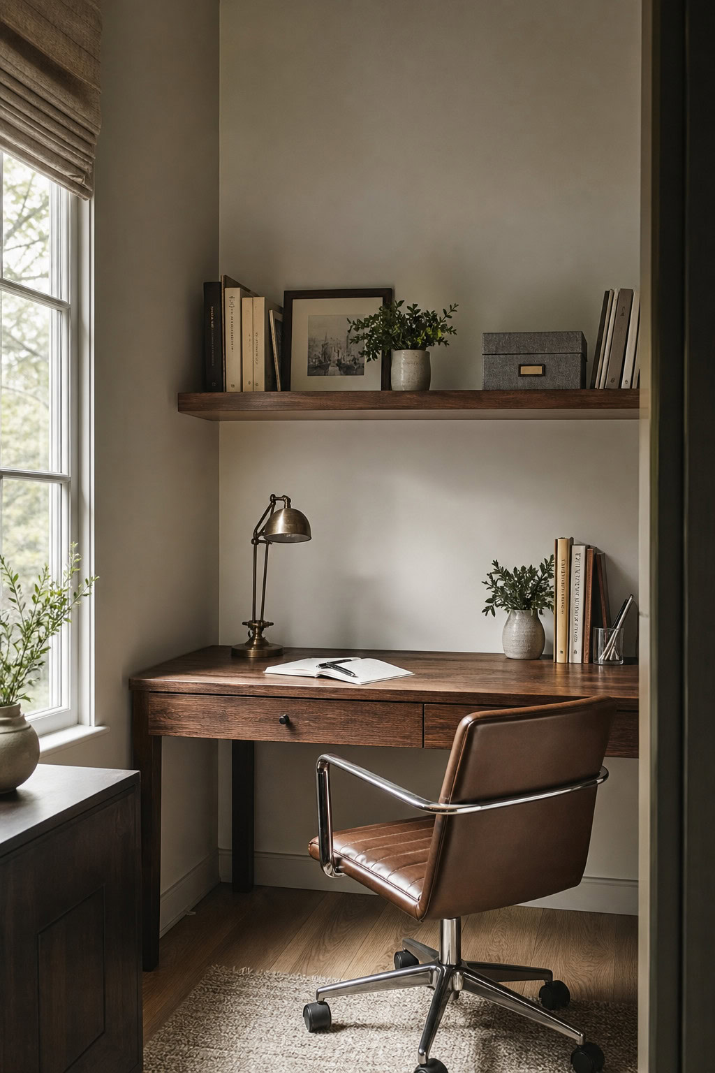 Wall shelf carrying decor above a compact desk workspace