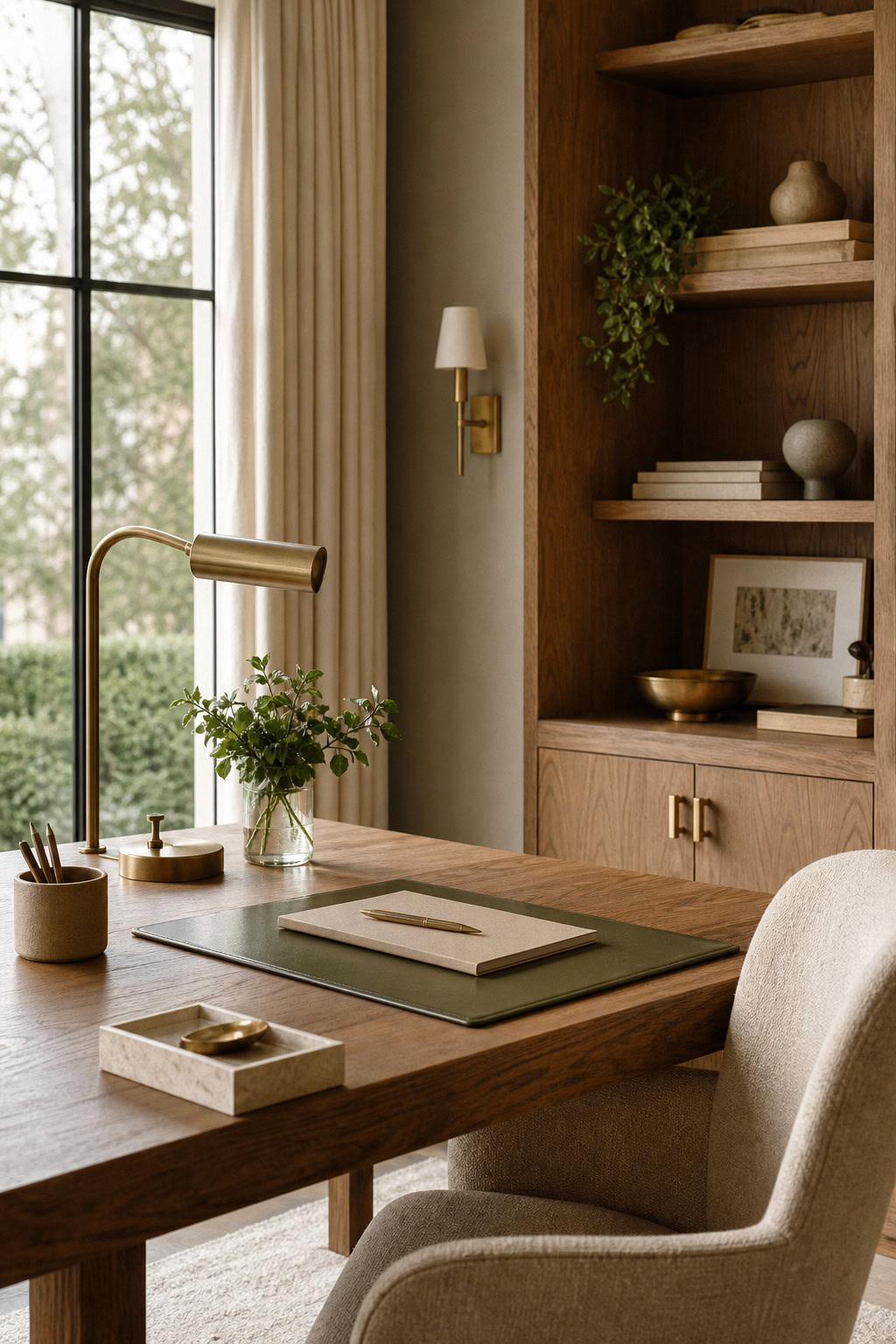 Controlled desk palette with oak, brass, linen, stone, and olive accents