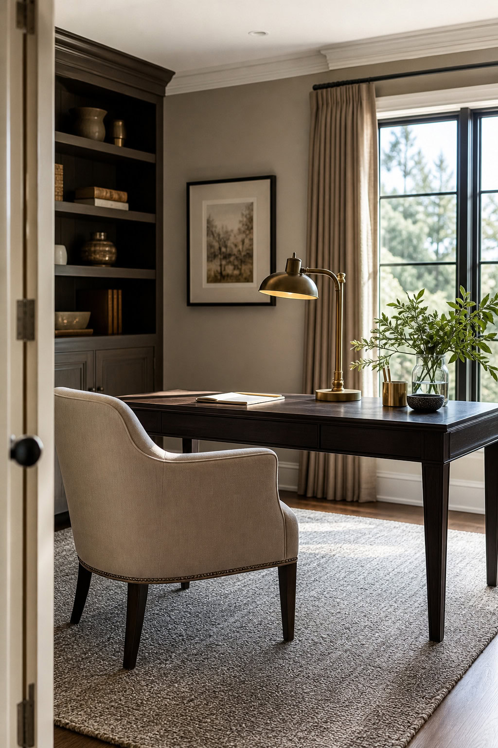 Low-pile textured rug defining a home office desk area