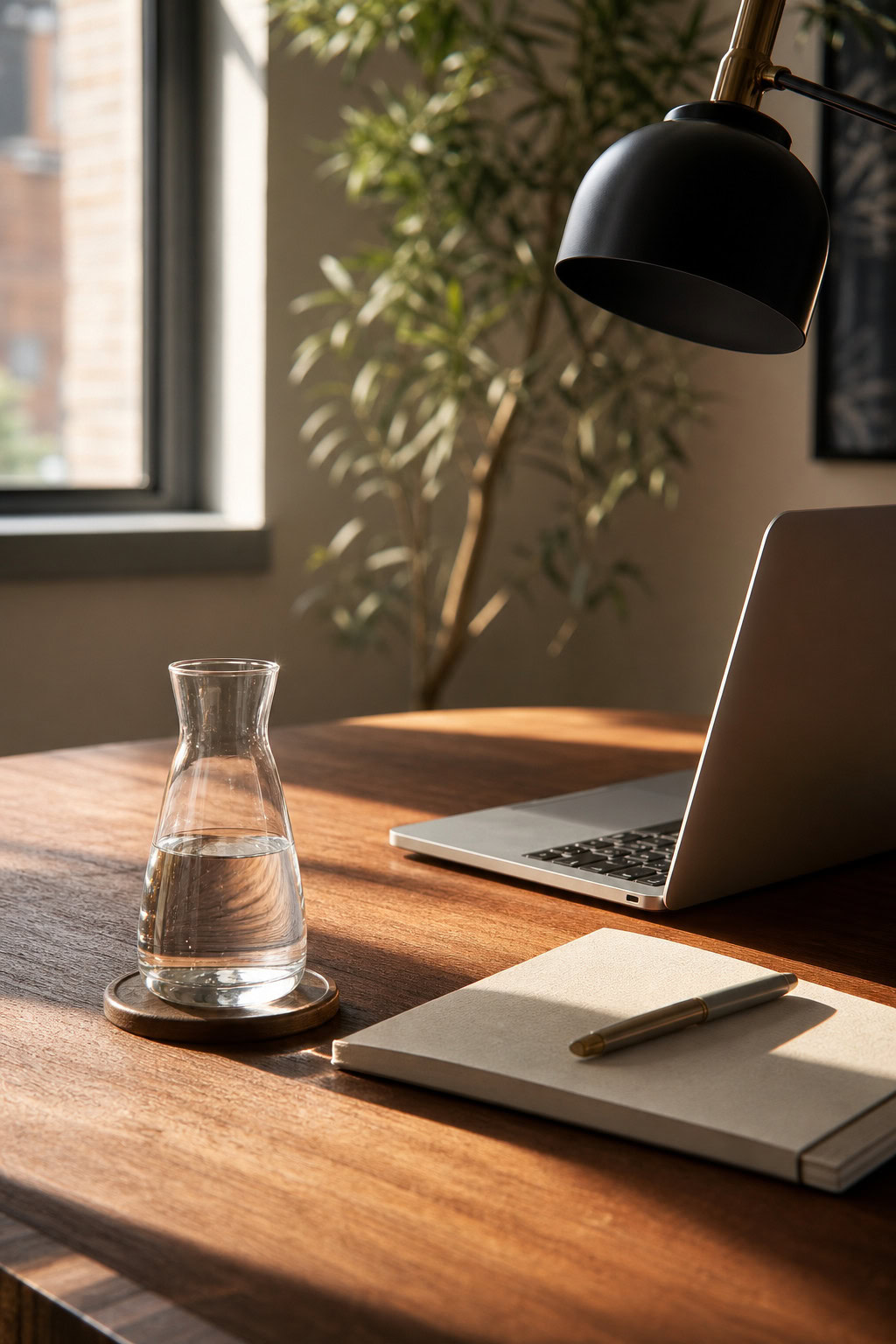 Small glass water carafe styled safely on a clean desk