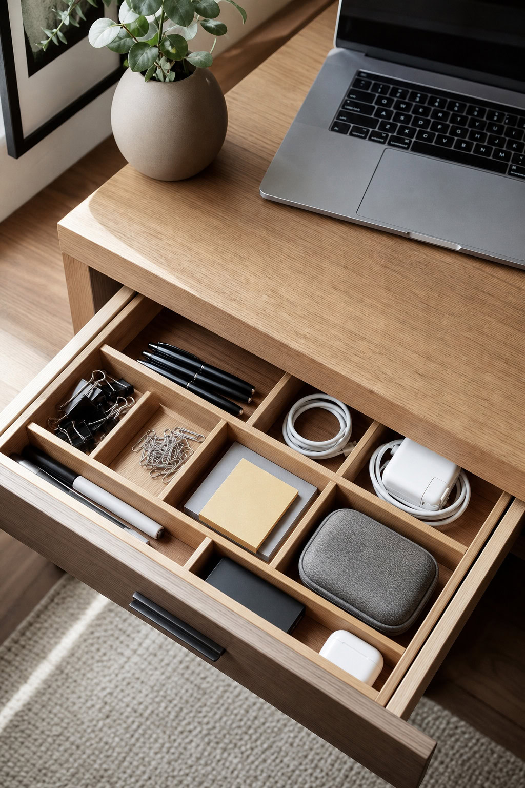 Bamboo drawer dividers organizing hidden desk supplies