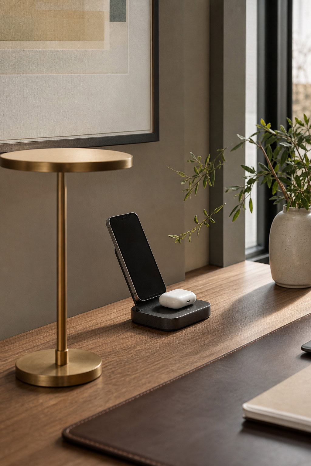 Compact charging station keeping devices organized on a desk