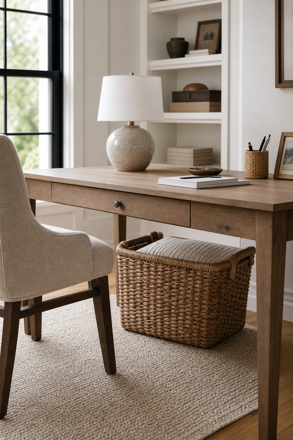 Structured reset basket under a tidy home office desk