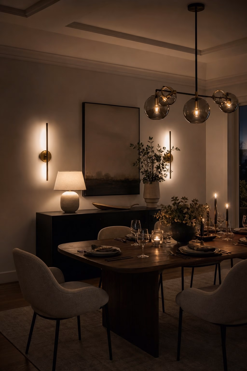 Open-plan dining area with two matching linen drum pendants above a rectangular oak table