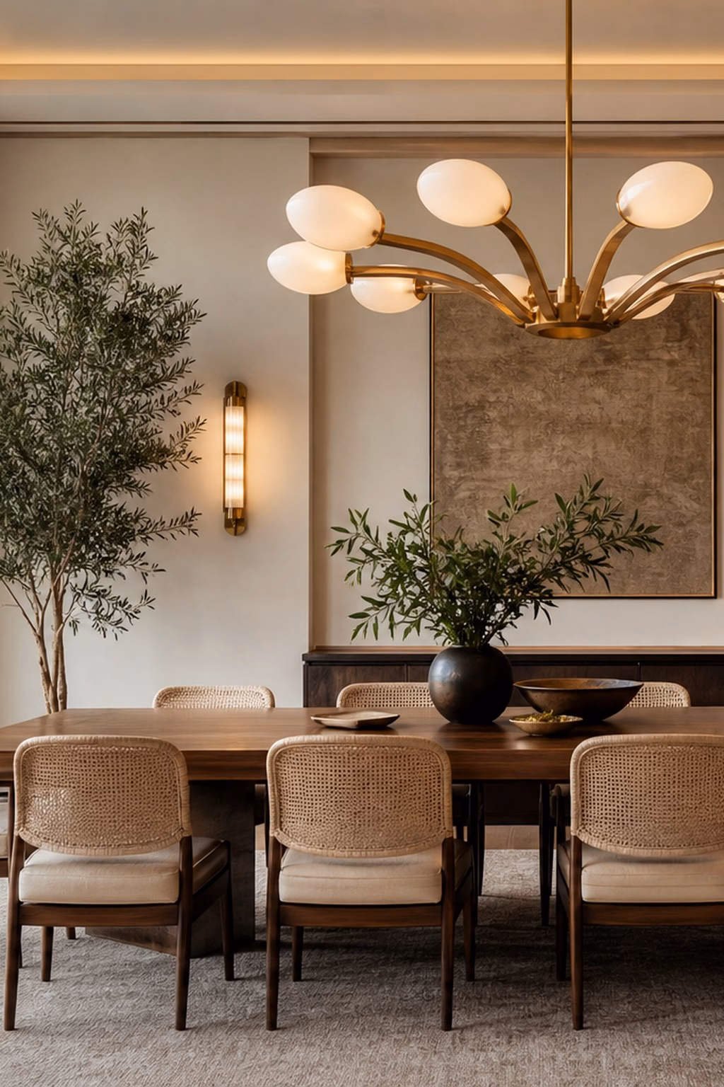Fresh formal dining room with a simplified aged brass chandelier above a vintage wood table