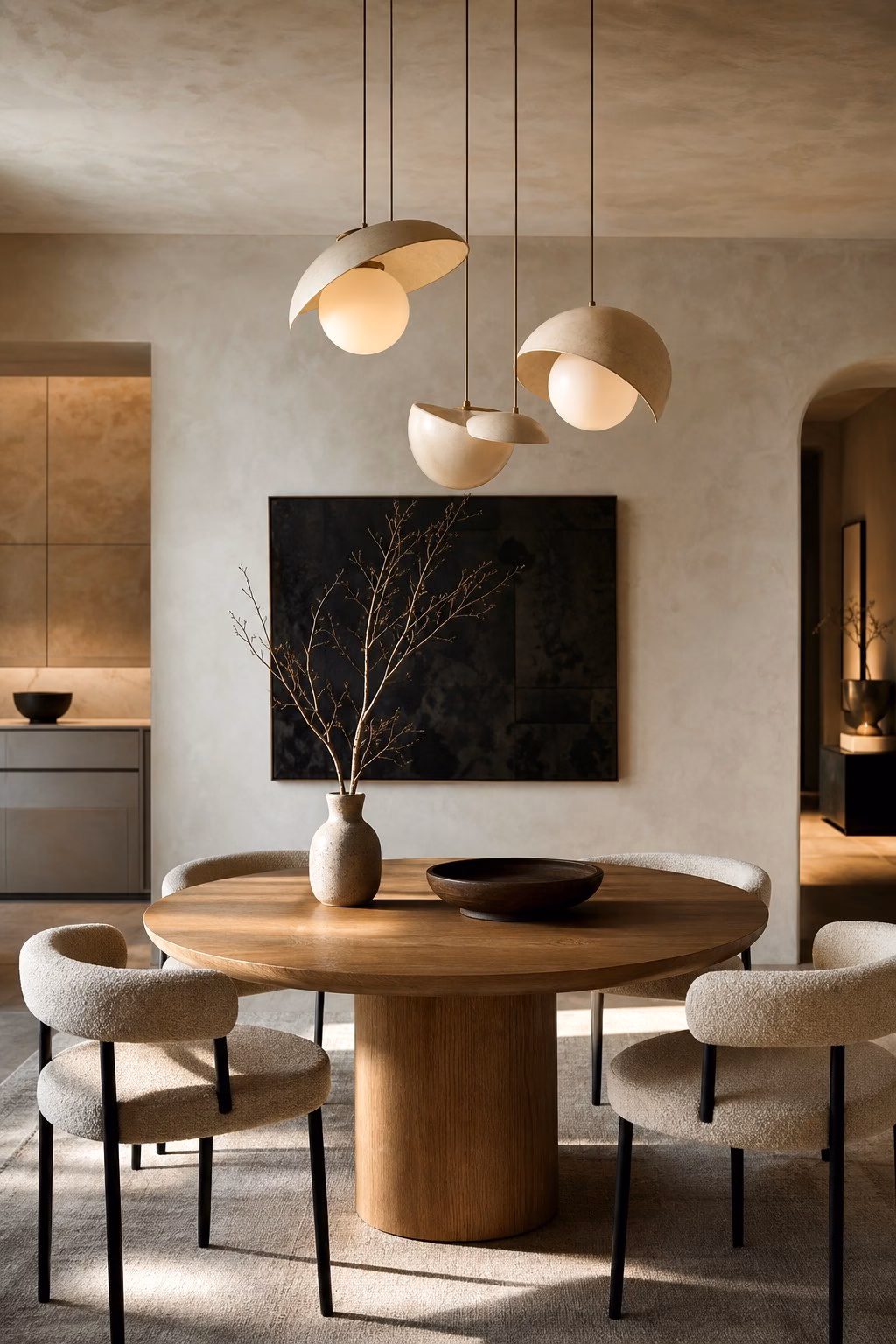 Moody modern dining room with a smoked glass globe chandelier over a dark walnut table
