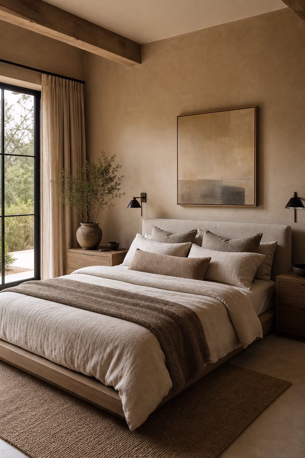 Earthy modern bedroom with warm plaster walls, platform bed, linen bedding, and oak nightstands