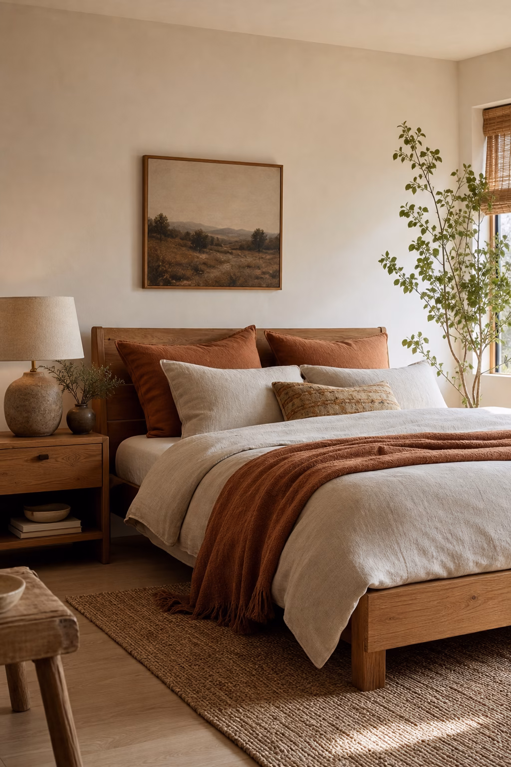 Earthy bedroom with clay and oatmeal linen bedding, oak bed, and woven throw