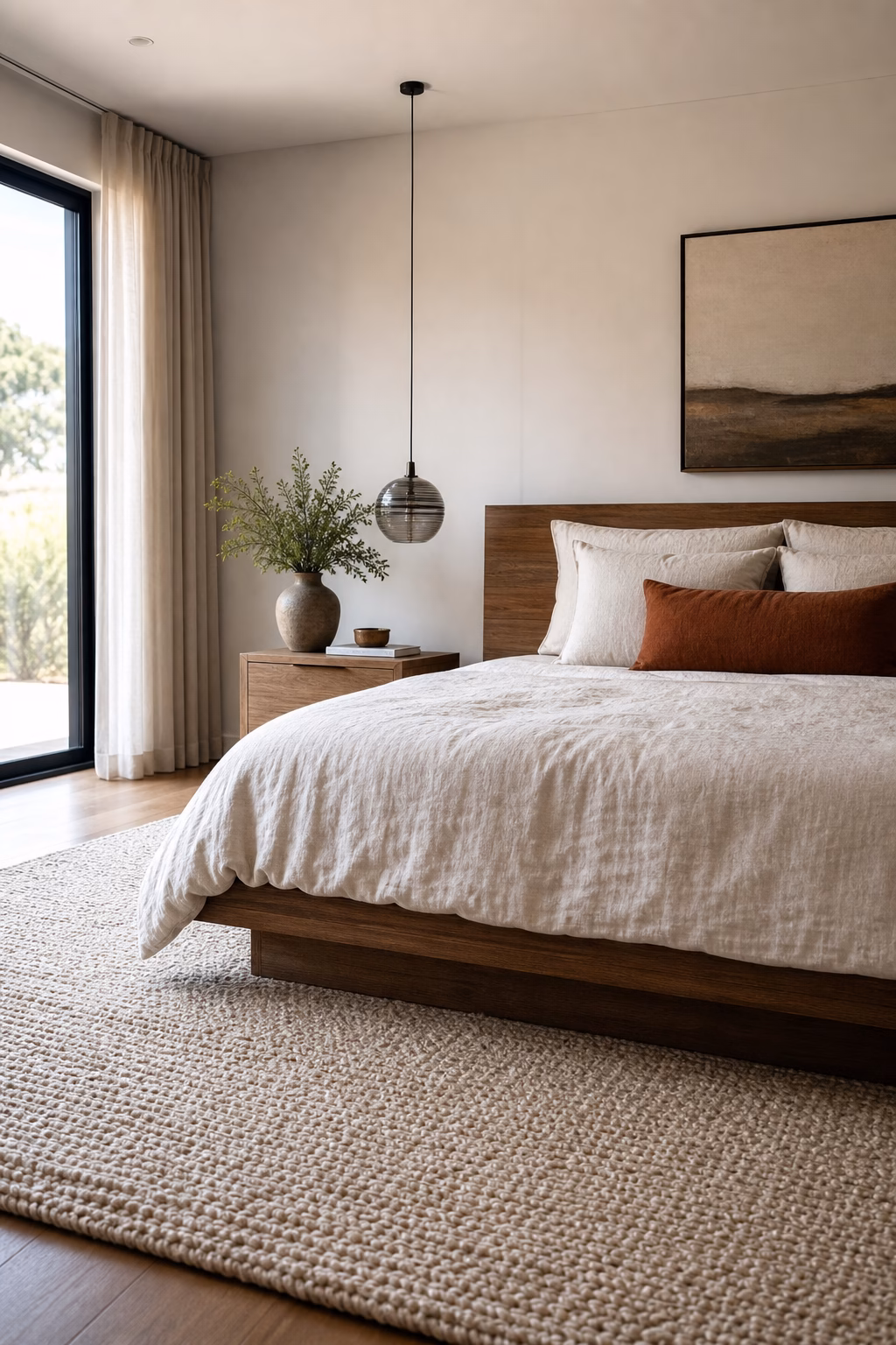 Modern bedroom with textured wool rug, low wood bed, neutral bedding, and clay accent pillow