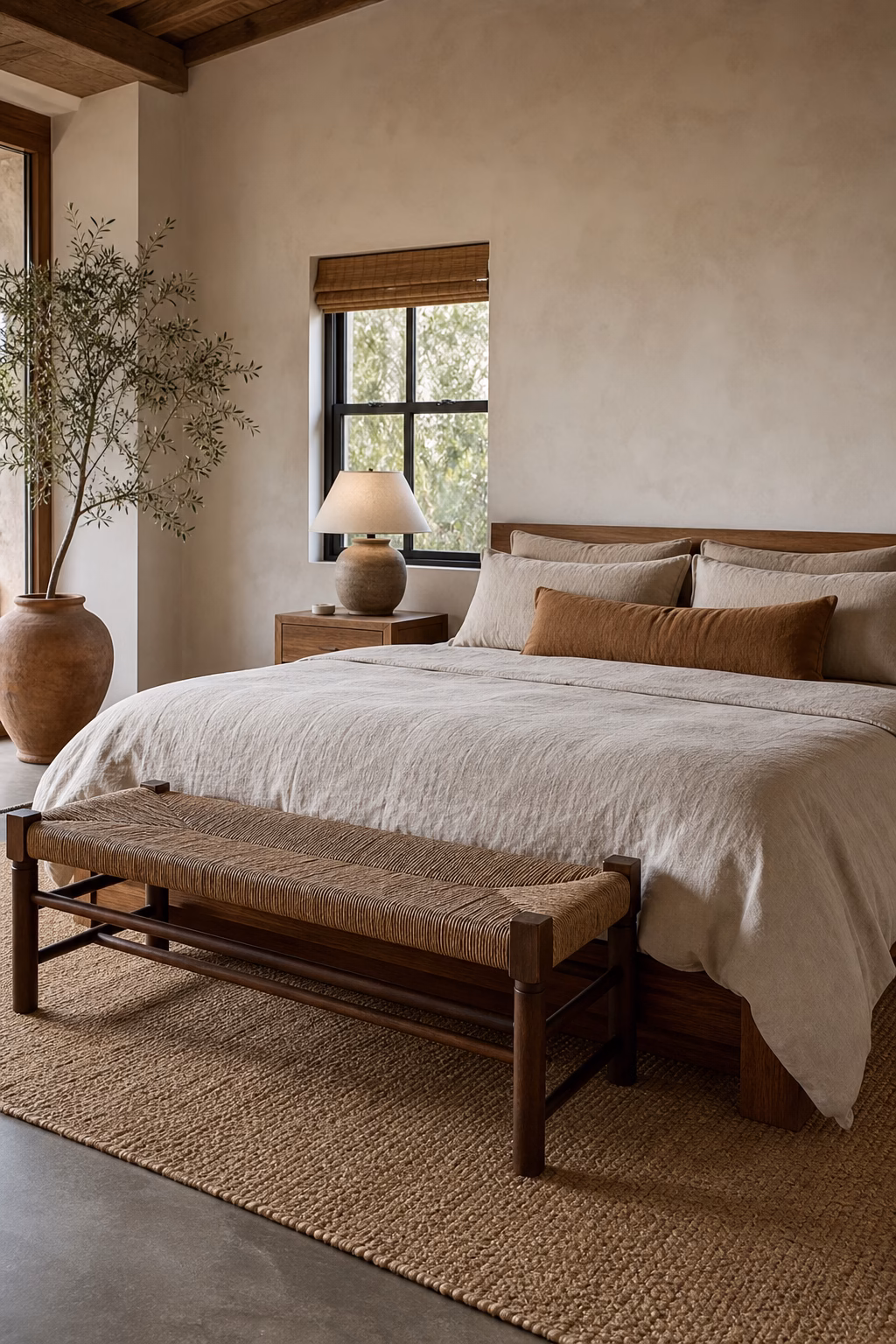 Earthy modern bedroom with woven bench, linen duvet, wood platform bed, and plaster walls