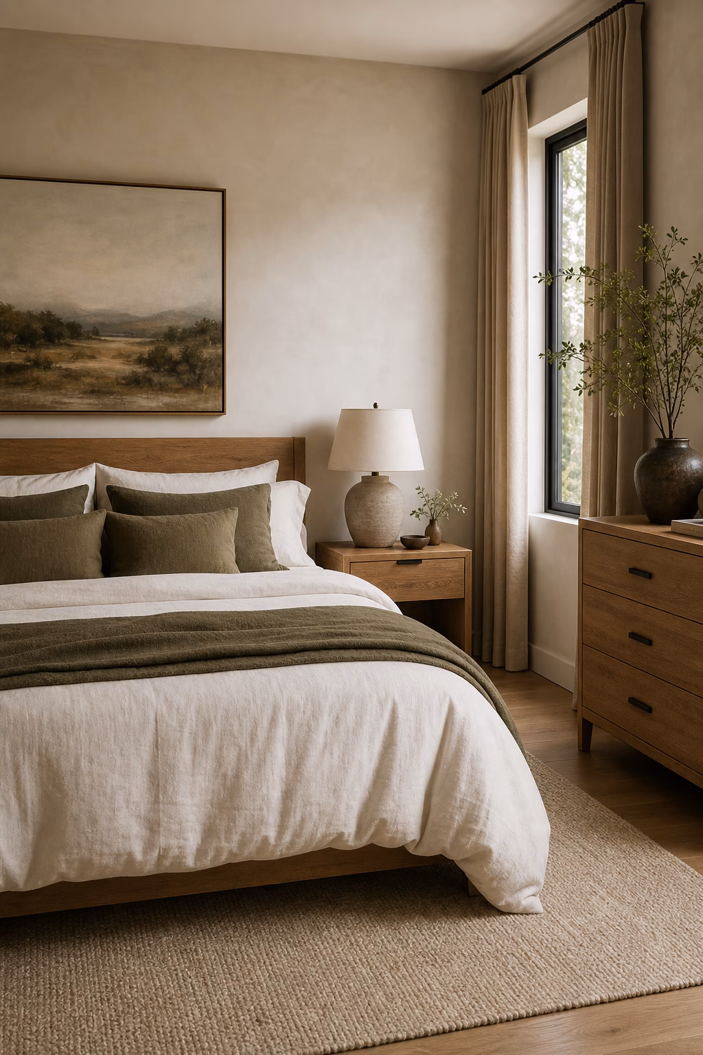 Earthy modern bedroom with muted olive pillows, oak furniture, warm white bedding, and natural light
