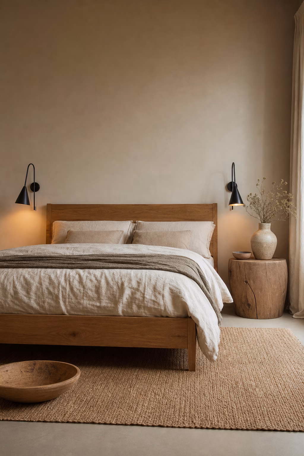 Earthy bedroom with thin black sconces, oak bed, linen bedding, and jute rug