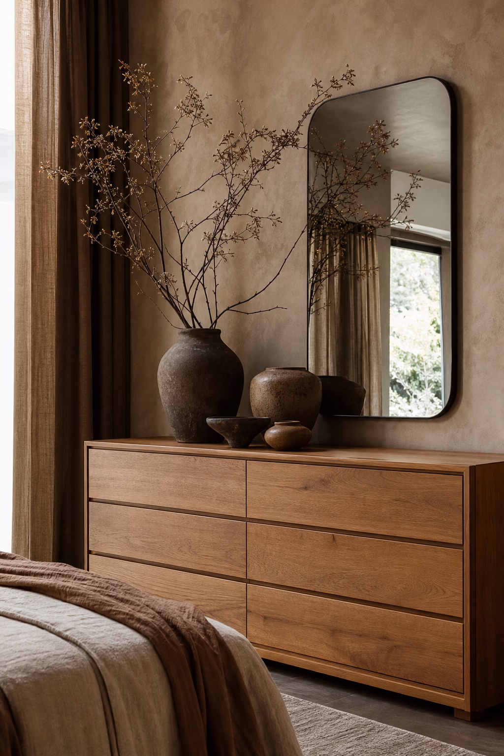 Modern earthy bedroom dresser with handmade ceramic vessels, branch arrangement, and oak storage
