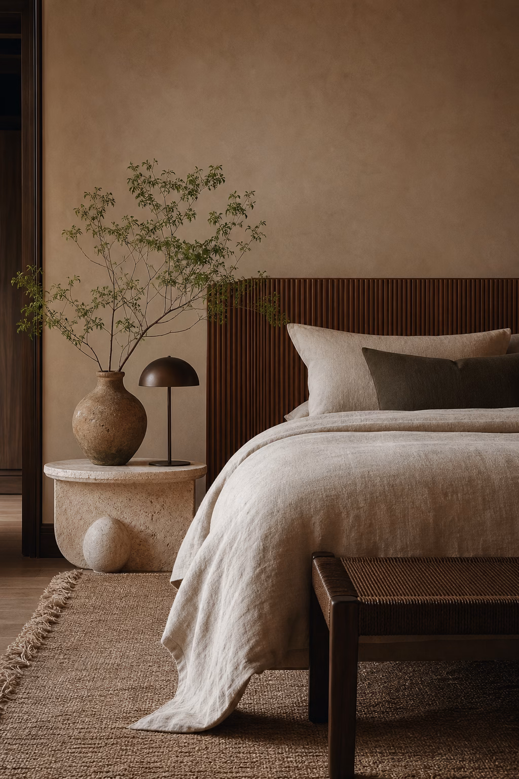 Earthy bedroom with ribbed wood headboard, linen bedding, stone side table, and wool rug