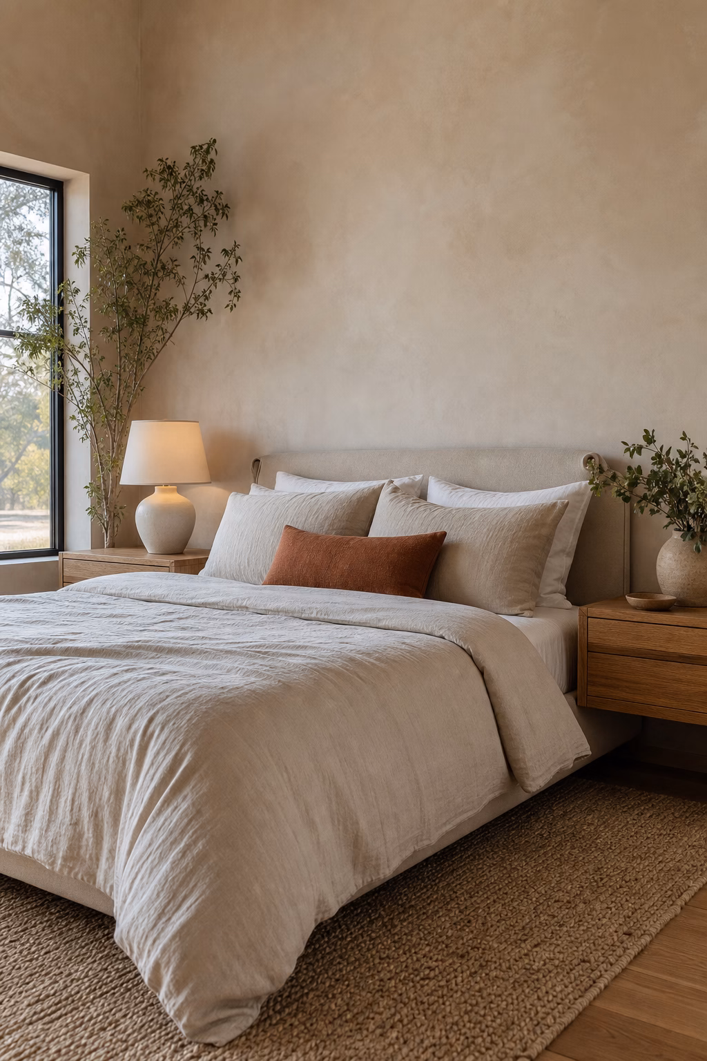 Earthy modern bedroom with terracotta pillow, natural linen bedding, oak nightstands, and plaster walls