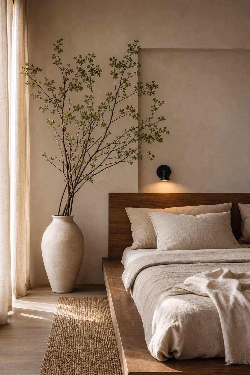 Earthy modern bedroom with tall branch arrangement, ceramic vase, platform bed, and linen bedding
