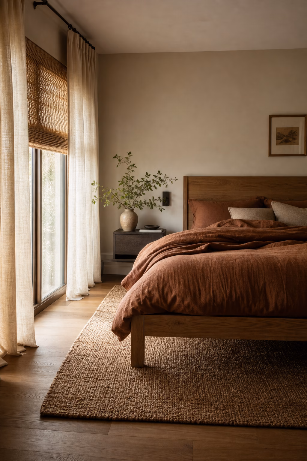 Earthy bedroom with linen curtains, woven shades, oak bed, wool rug, and filtered daylight