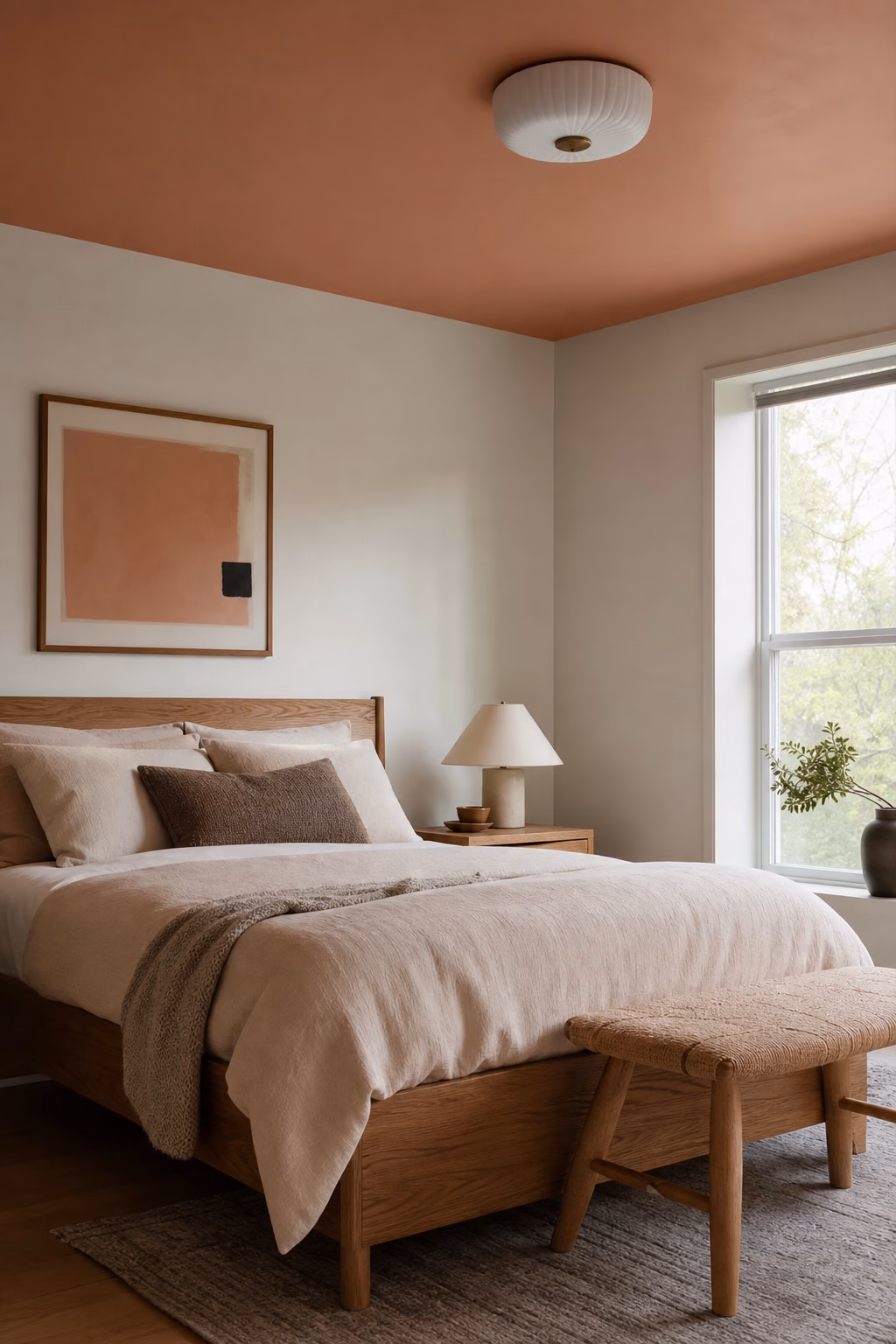 Earthy modern bedroom with clay painted ceiling, warm white walls, oak bed, and neutral bedding