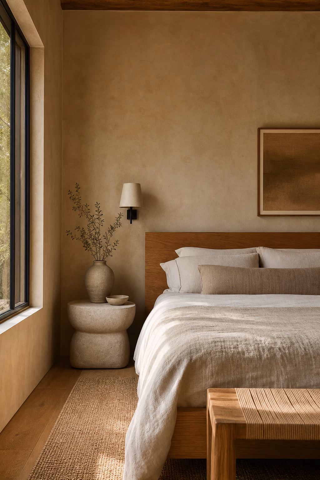Earthy bedroom with low sculptural nightstands, wood bed, linen bedding, and stone accessories