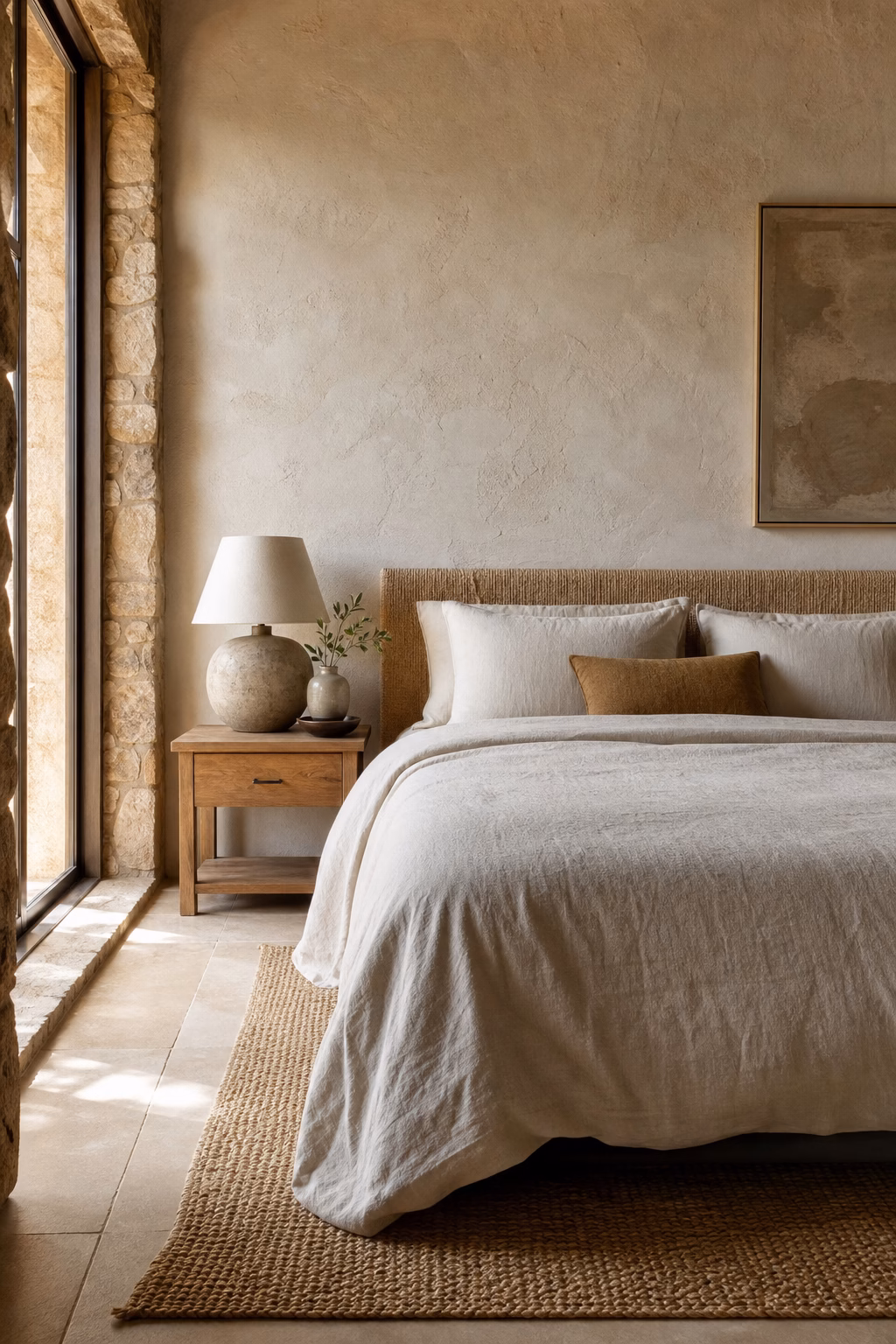Earthy modern bedroom with smooth linen bedding, rough plaster wall, stone lamp, and woven rug