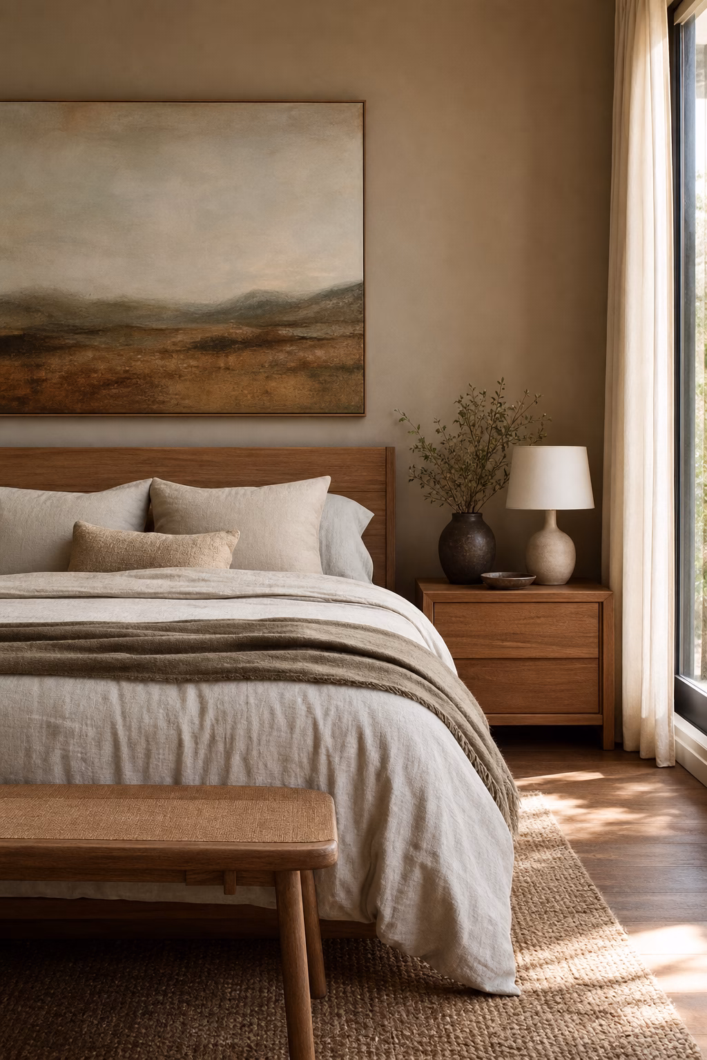 Earthy bedroom with landscape-toned artwork above bed, linen bedding, oak frame, and warm walls