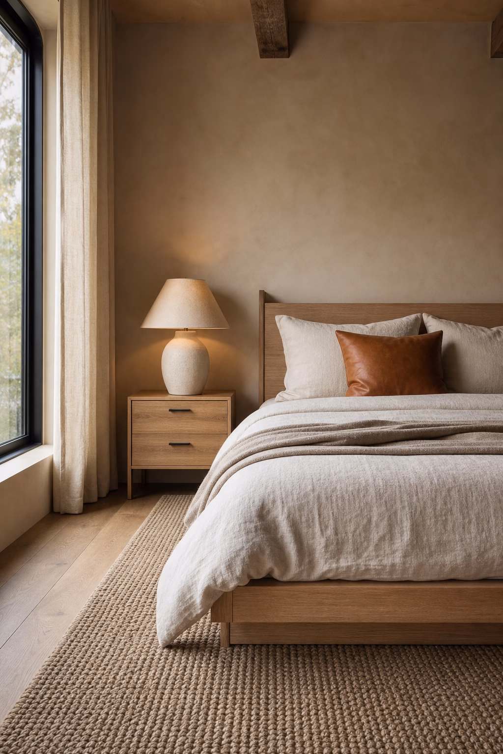 Modern earthy bedroom with cognac leather pillow, linen bedding, oak platform bed, and wool rug