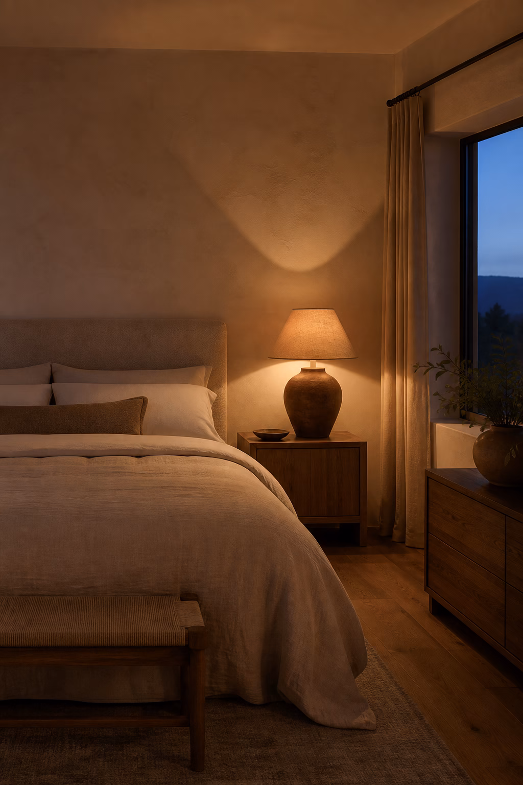 Earthy bedroom with amber bedside lighting, plaster walls, linen bedding, and oak furniture