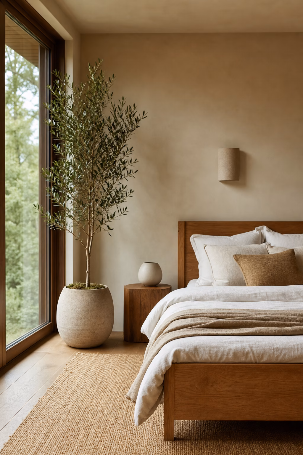 Earthy modern bedroom with one architectural plant, oak bed, linen bedding, and natural rug