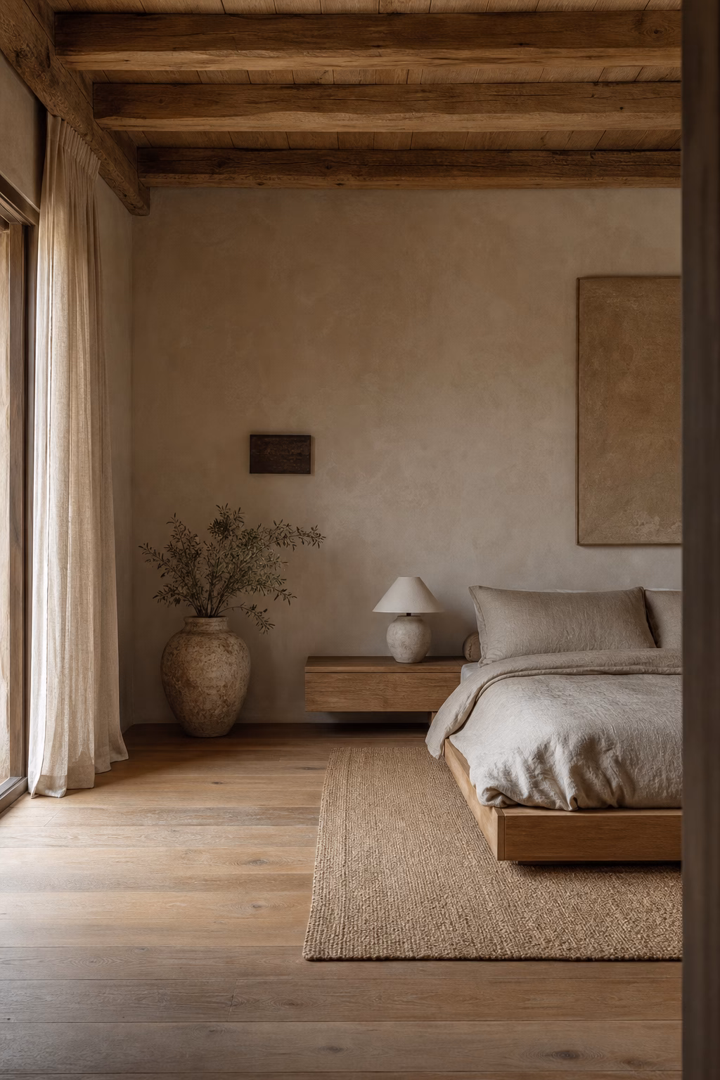 Earthy modern bedroom with oak, linen, plaster, stone, wool, clear floor space, and soft daylight