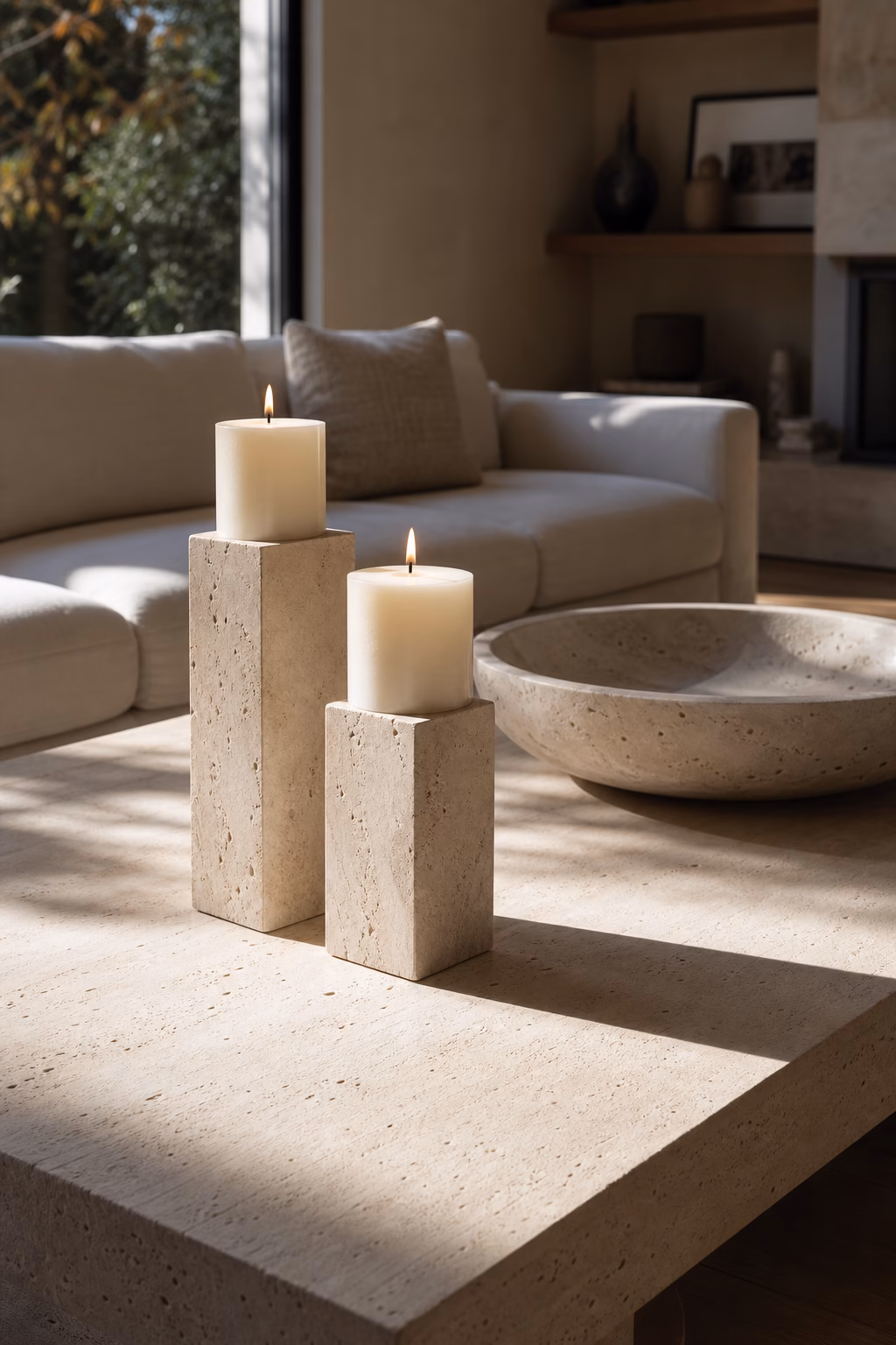 Honed travertine candle holders styled on a luxury coffee table