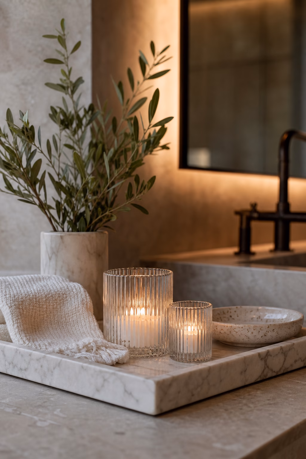 Ribbed glass votive candle cups glowing on a marble vanity tray