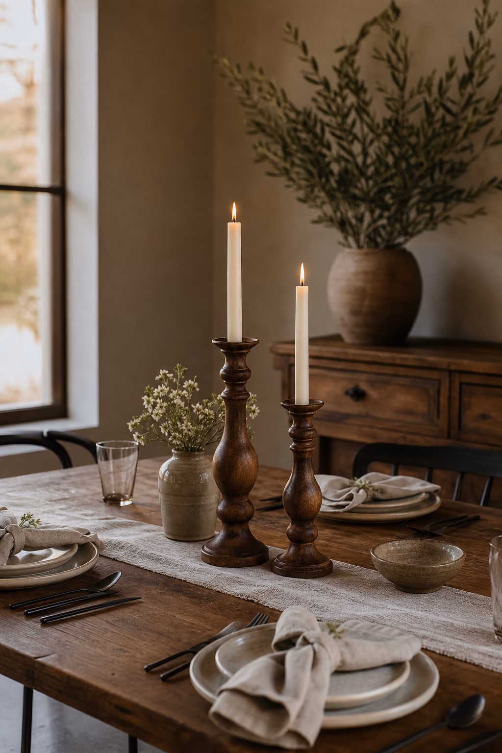 Turned walnut candle holders adding warmth to a rustic dining table
