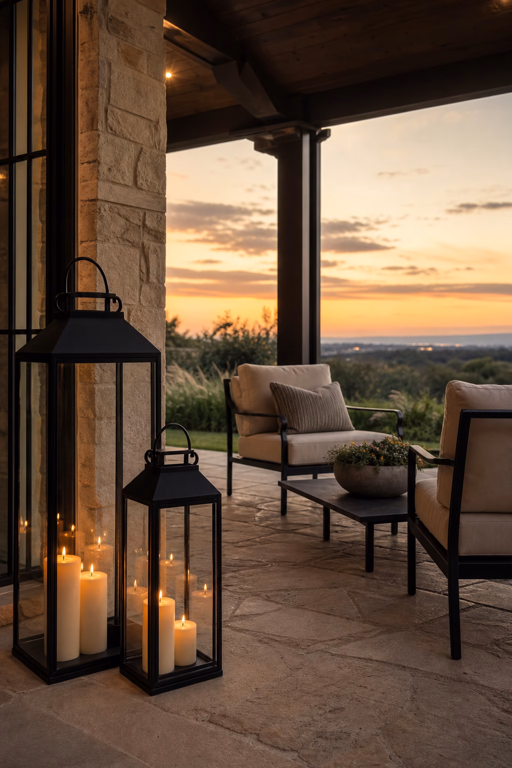 Oversized black lantern candle holders lighting a covered patio
