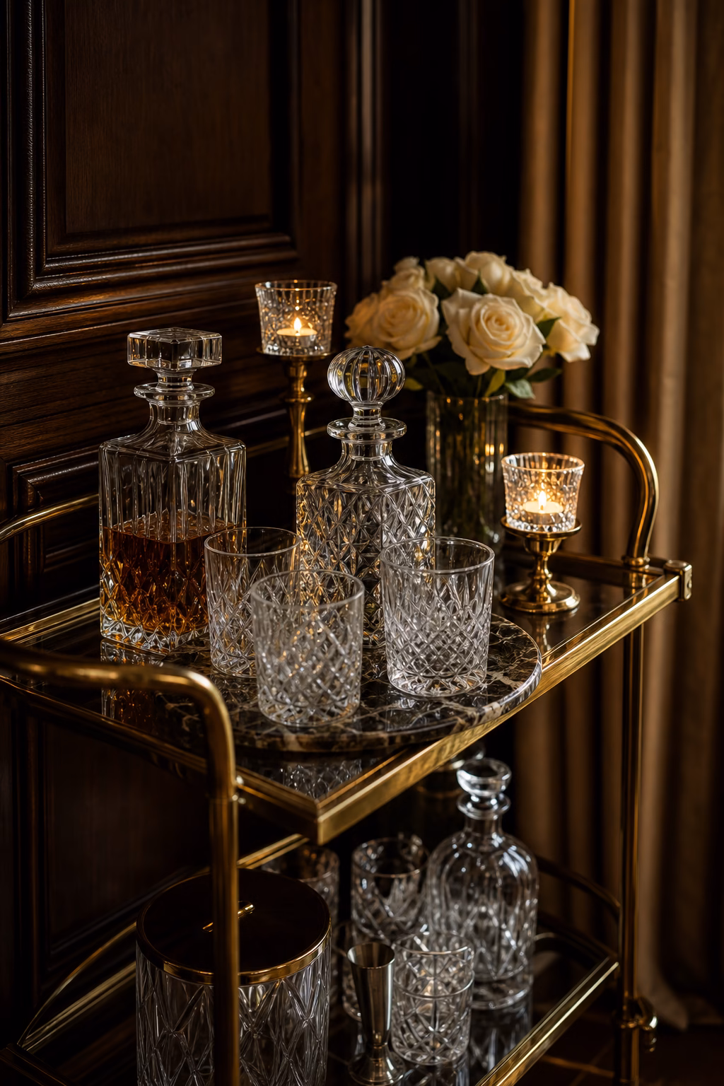 Crystal candle cups adding sparkle to a polished bar cart