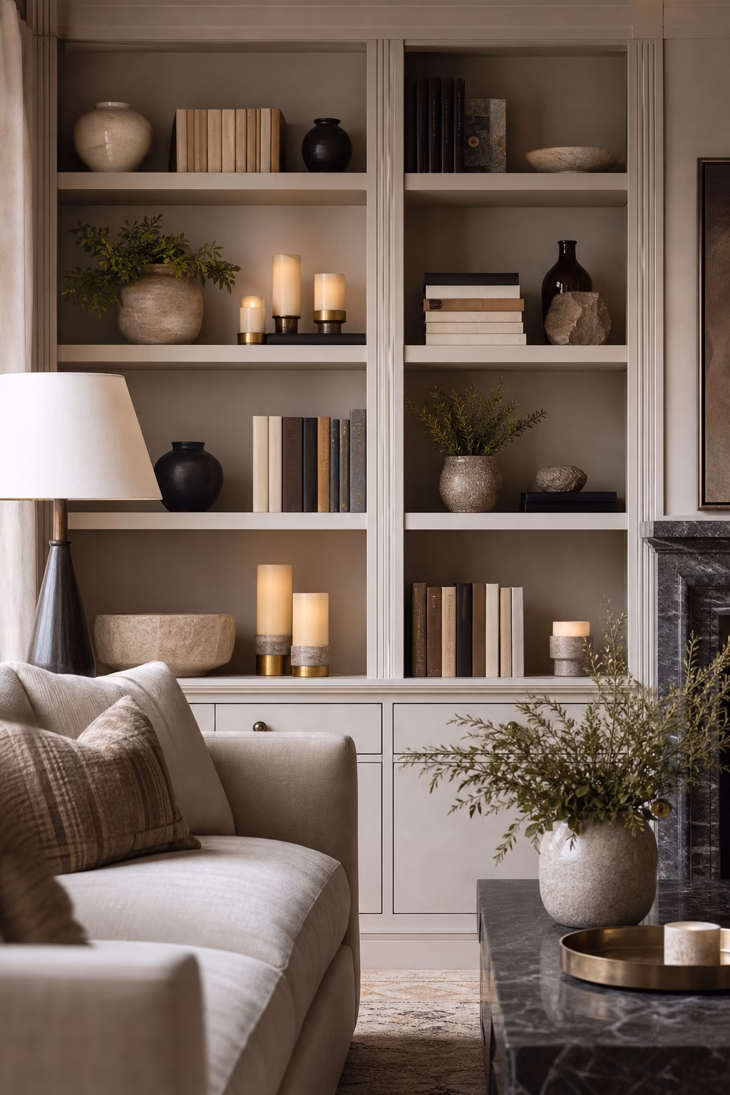 Bookshelf candle holders adding soft evening light to built-in shelves