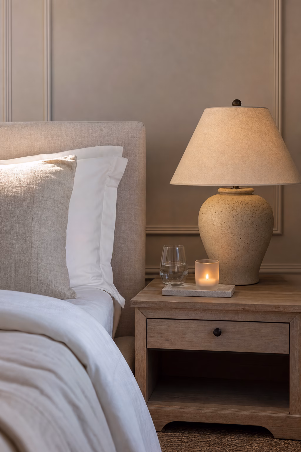 Frosted glass votive candle holder creating a calm bedside glow