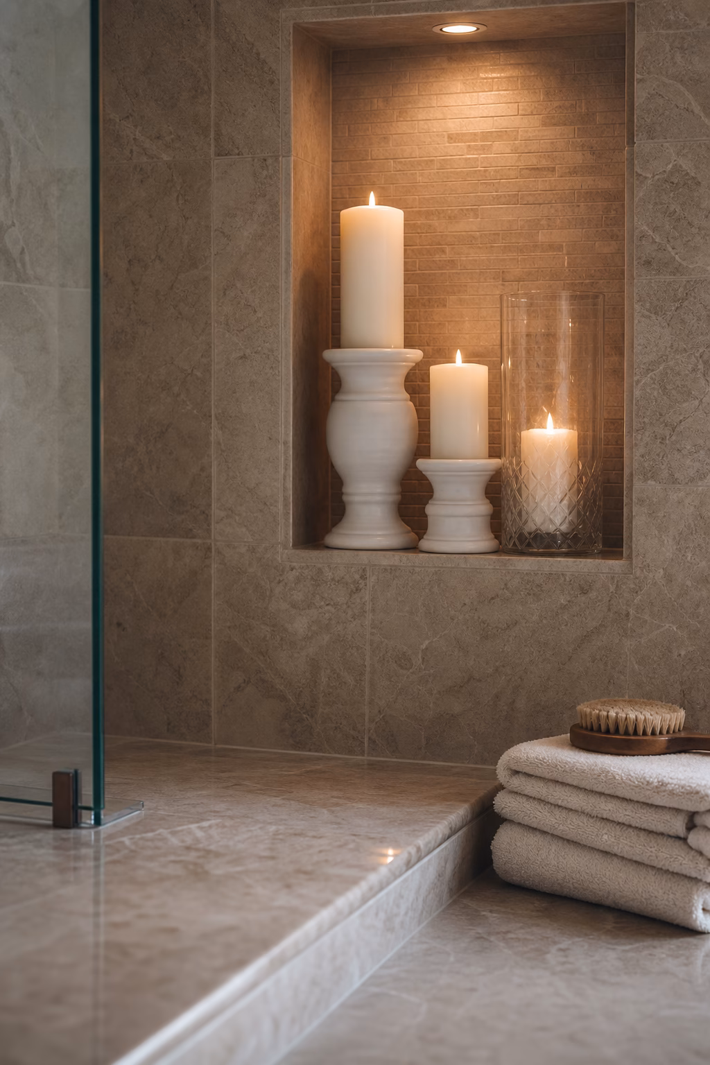 Bathroom spa niche with ceramic and glass candle holders