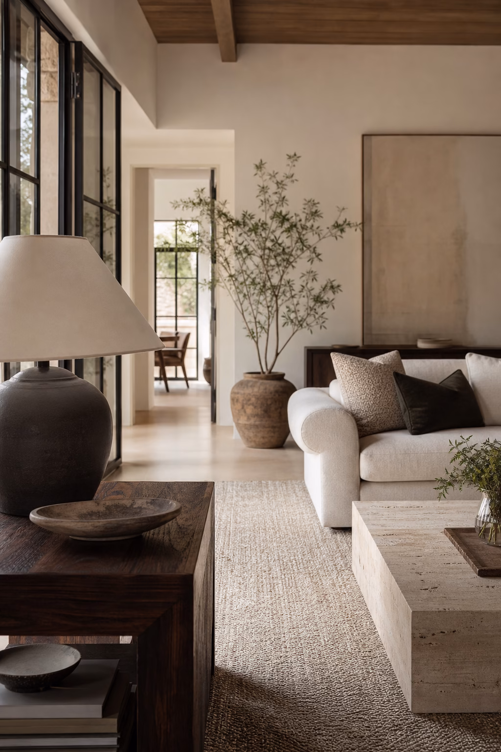 Dark walnut accent table adding contrast to a warm neutral living room