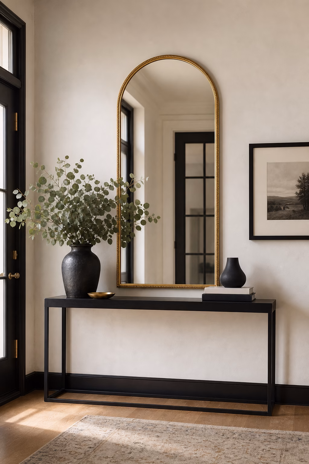 Bold powder room with olive walls, stone sink, antique mirror, and dramatic sconces