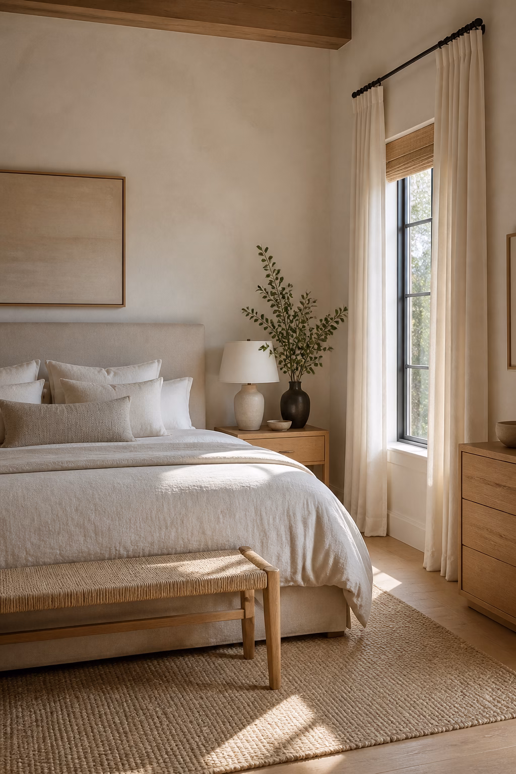 Properly scaled upholstered bed anchoring a calm luxury bedroom retreat