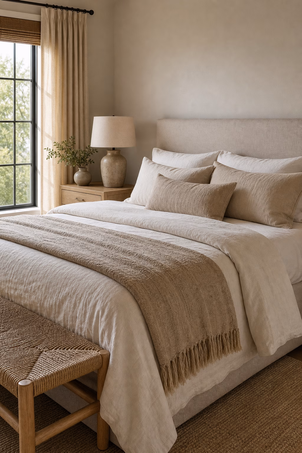 Layered neutral bedding with linen, cotton, and wool textures in a high-end bedroom