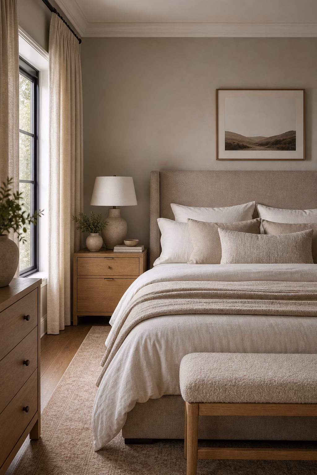 Oak nightstands with drawers keeping a serene bedroom retreat uncluttered