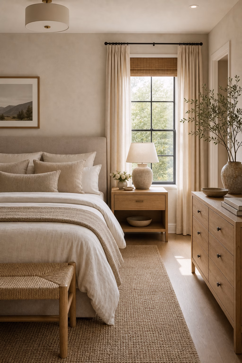 Bedroom reading corner with a linen lounge chair, floor lamp, and soft natural light