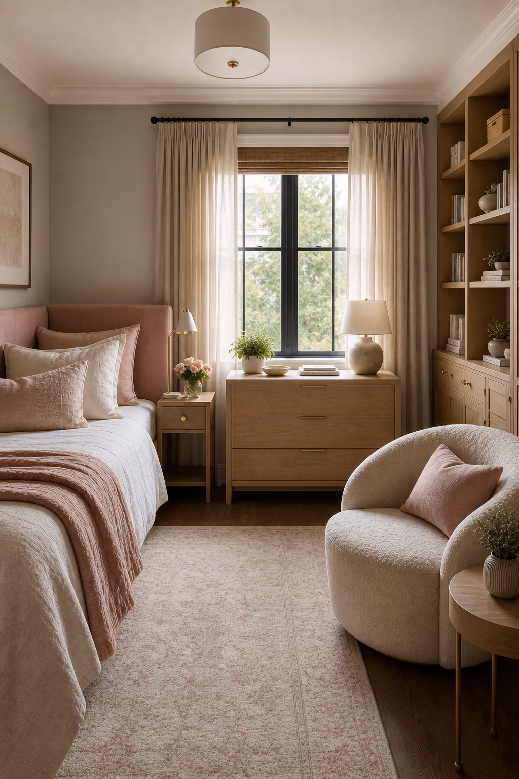 Ceiling-height linen curtains softening the architecture of a serene bedroom