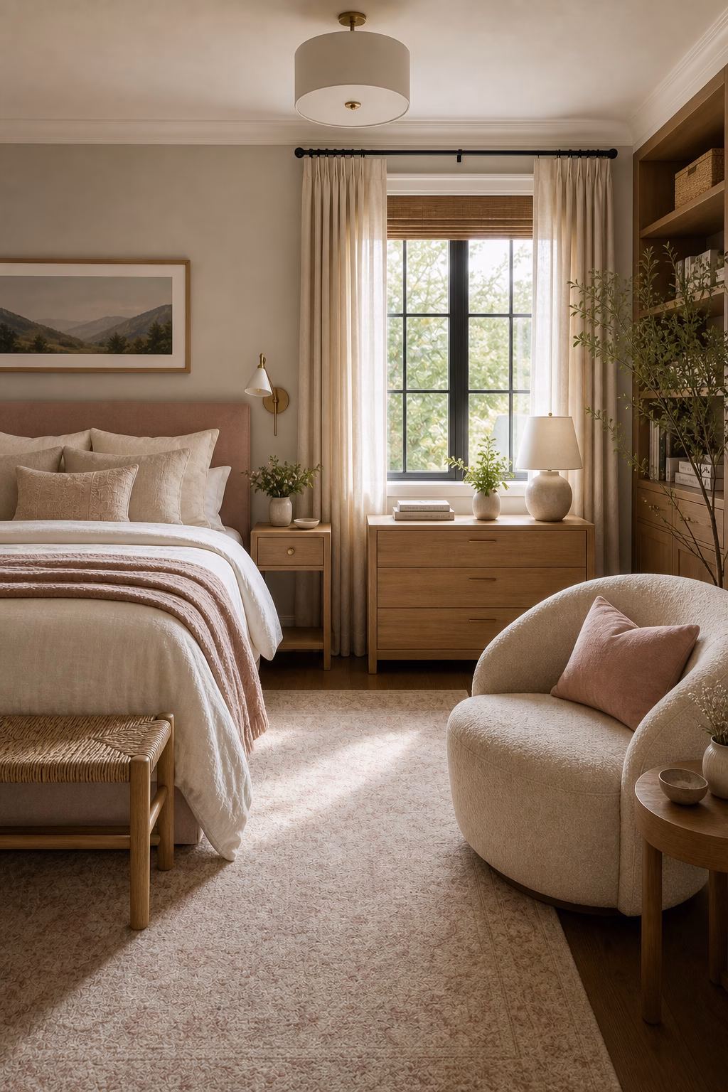 Generous wool rug extending beyond the bed in a tailored bedroom retreat